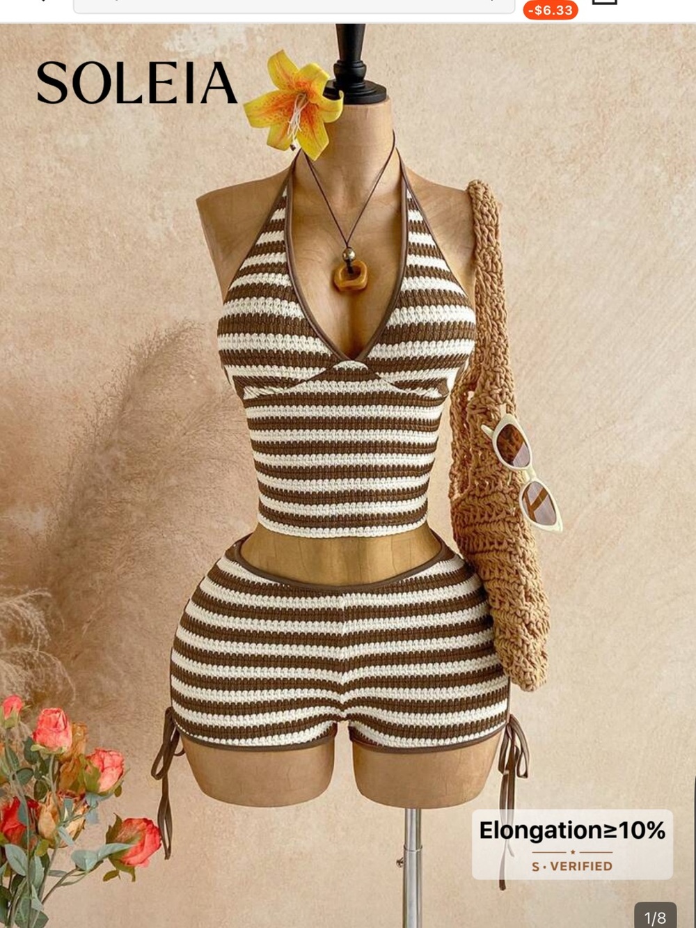 Striped Knit Halter Crop Top & Shorts Set - Brown & Cream